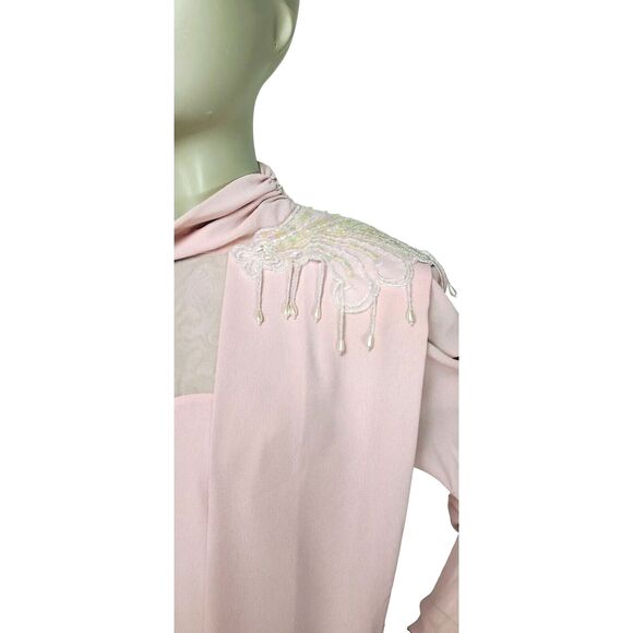 VTG 80s Layered Chiffon Iridescent Pearl Beaded Sequined High Shoulder MOB Dress - Picture 4 of 8